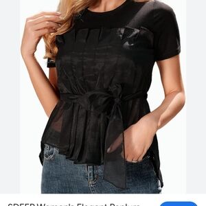 Women's elegant crewneck sheer black peplem top with front tie size medium